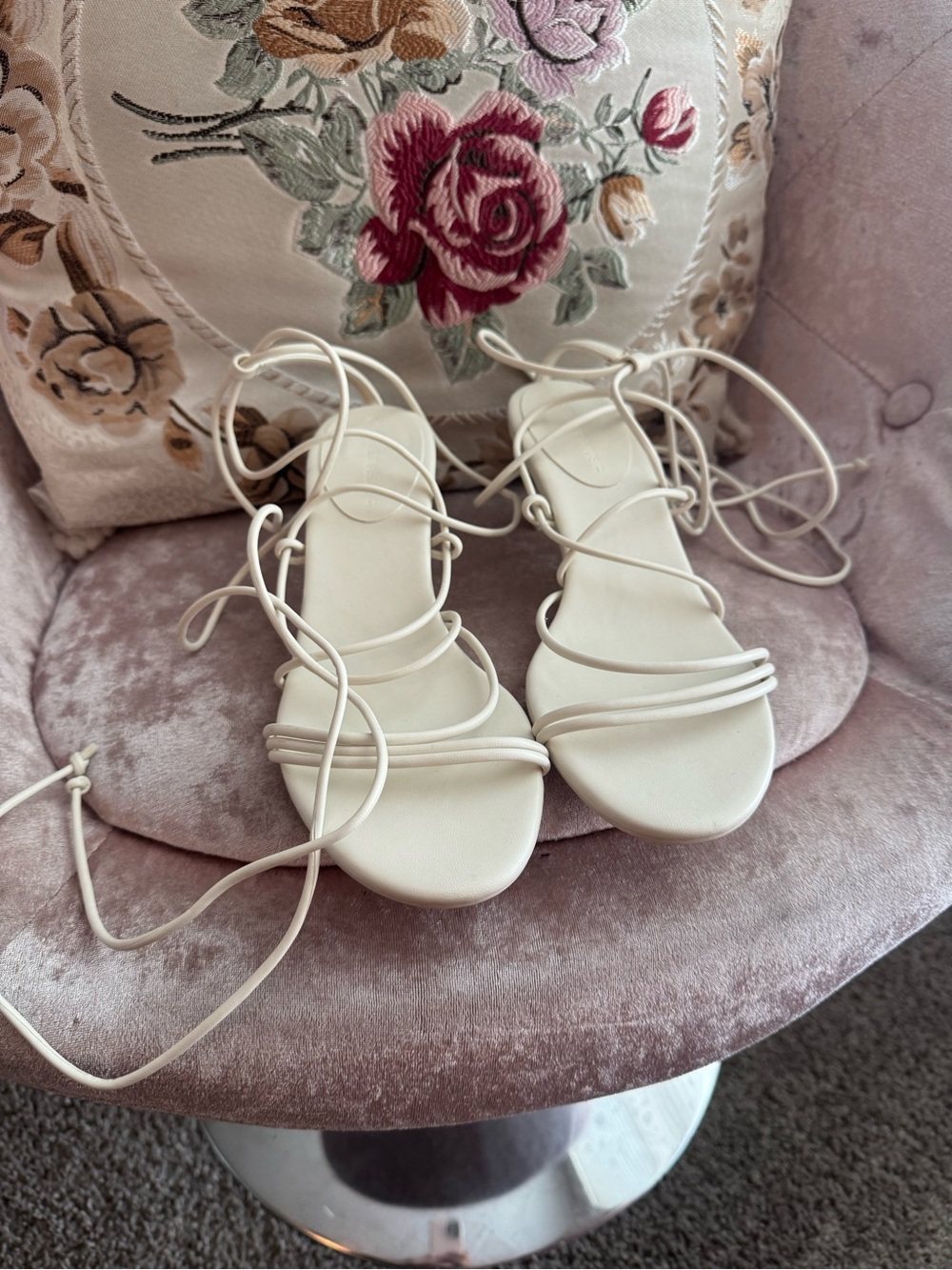 stradivarius Cream Lace-Up Strappy Sandals